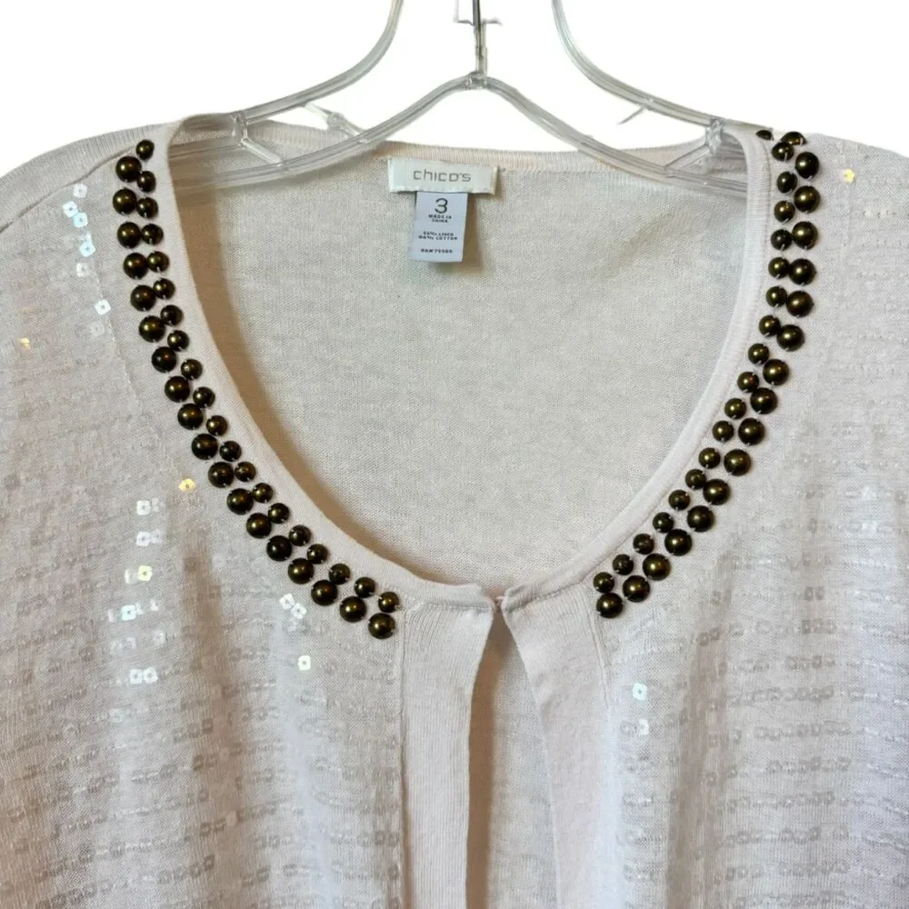 CHICO's Long Sleeve Cream Solid w/ Sequin Accents Stand-Up Collar Full Zip Sz 3